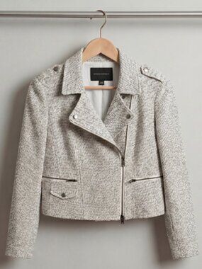 Banana Republic Cropped Tweed Moto Jacket Asymmetrical Textured Grey Tweed Sz 12